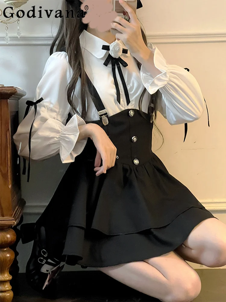 

Korean Turn-down Collar Sweet Bow Long Sleeve Shirt Girl Spring Autumn Puff Sleeves Solid Color New Versatile Age-reducing Top