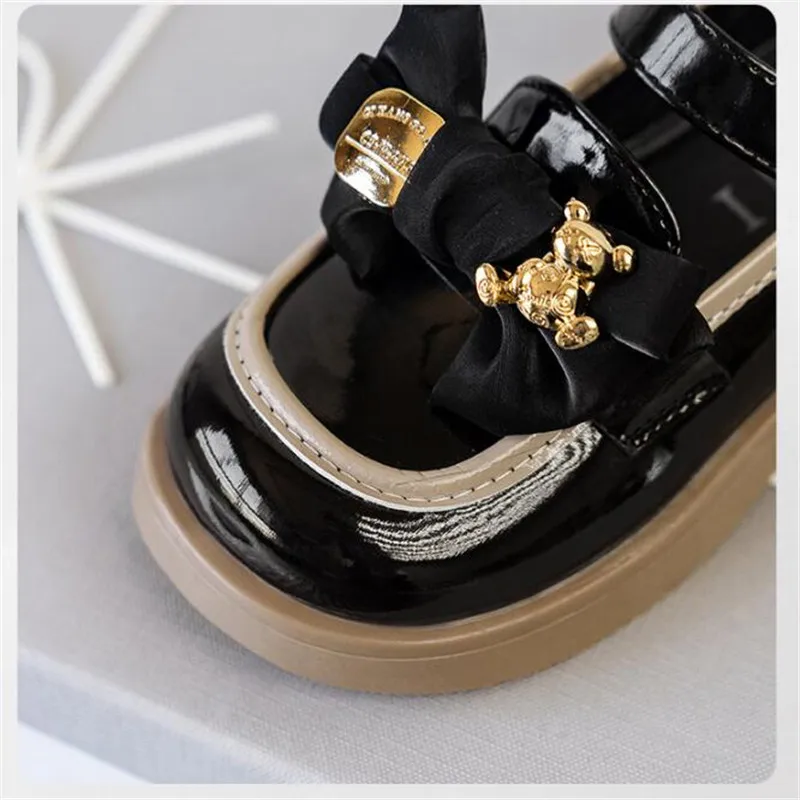 School Girl\'s Mary Janes Bowknot Bear Luxury Children Leather Shoes Black Beige Cover Toe 26-37 Light Autumn Kids Single Shoe