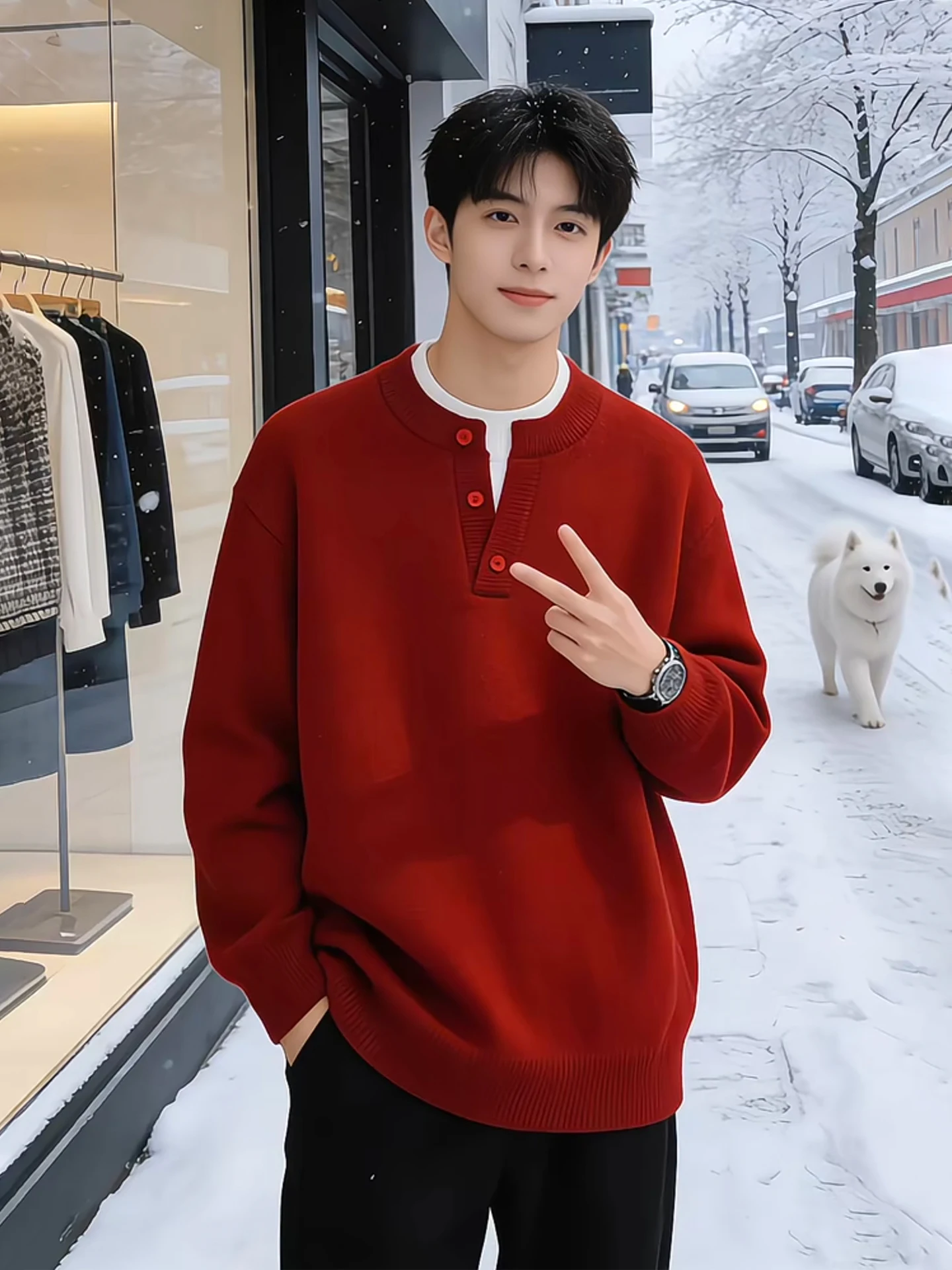 

Red Henry Collar Knitwear Men's Winter Cisas Couple Base Layer irt Zipper Closure Soft Warm Casual Sle Pure Color