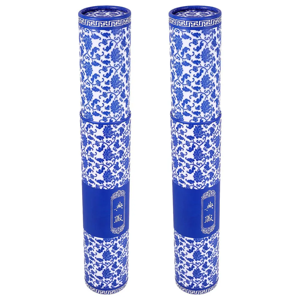 

2 pcs Blue White Porcelain Art Adjustable Painting Storage Cylinder Telescoping Document Tube For Maps Drawings Posters Mailing