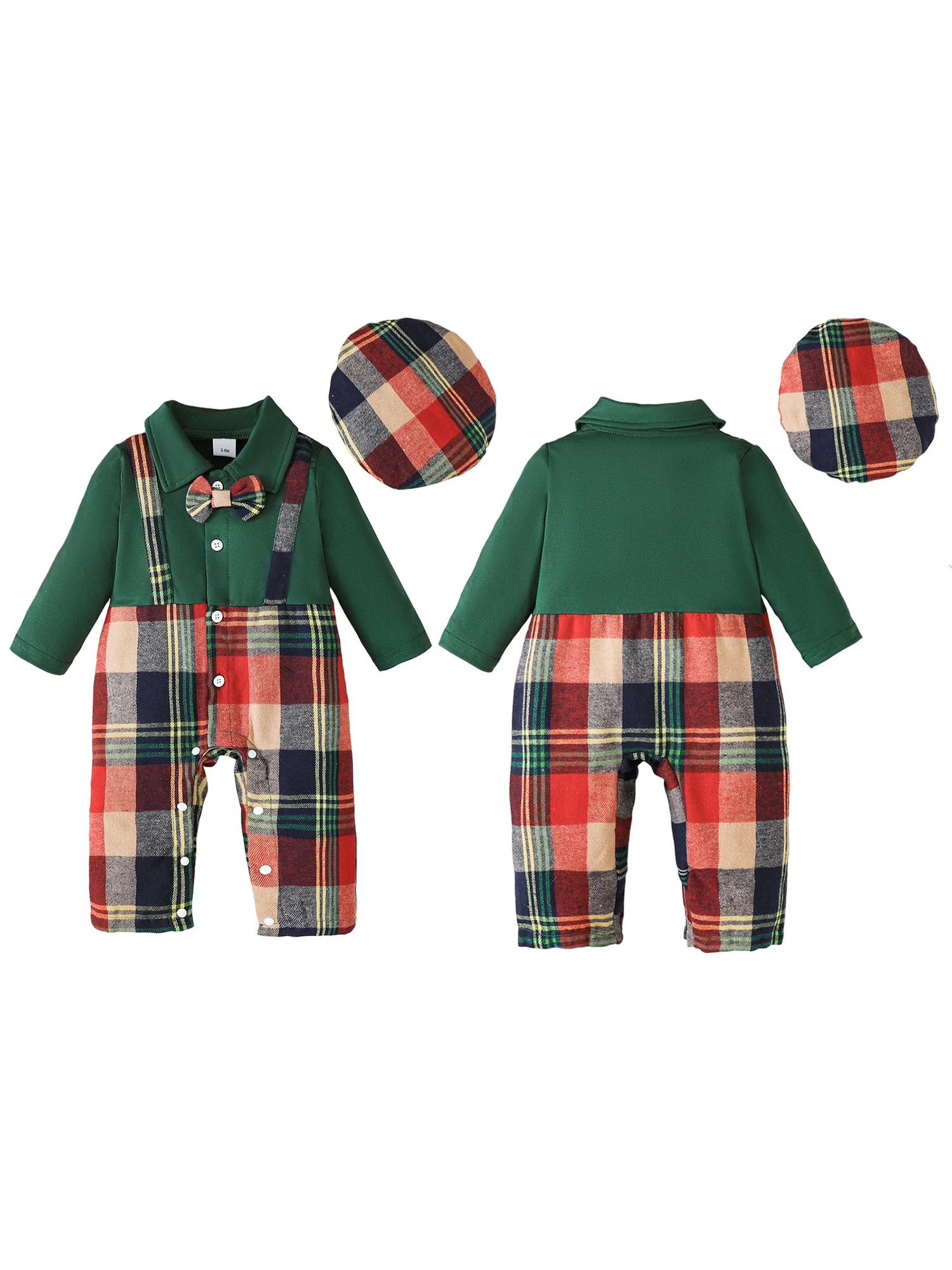 

Adorable Baby Boy 2 Piece Set with Stylish Long Sleeve Plaid Jumpsuit and Matching Beret Hat for a Charming Look