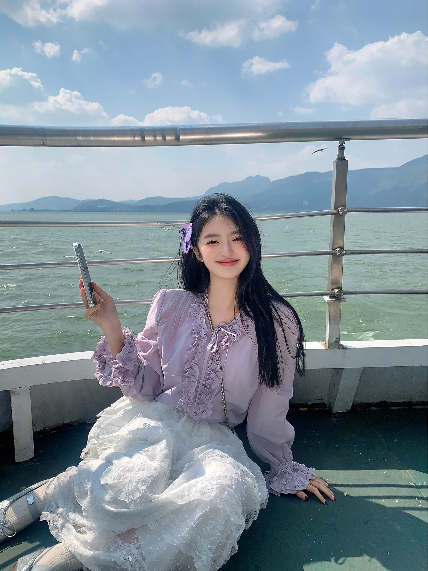 

Vanwenwen ape Sweet Wine Korean Sle Princ Purple irt Women's Spring Gentle Loose Top Breathable Thin Long Sve V-ne