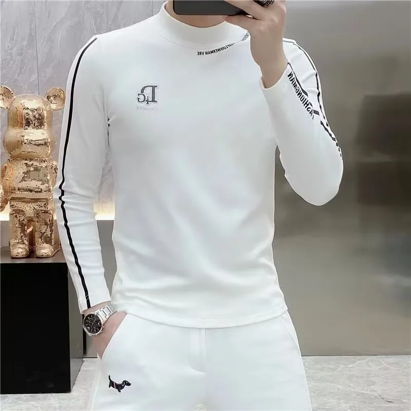 High-End Men's Long SleeveTT-shirt Light Luxury Embroidery Korean Style Bottoming Shirt Men's Half Turtleneck T-shirt Cool and W