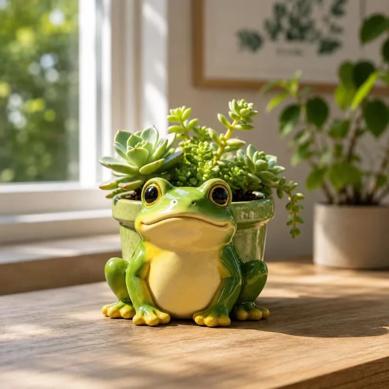 Cartoon Frog Resin Planter Gloss Surface Succulent Flower Pot Cute Animal Sculpture Outdoor Garden Decor Ornament Mini Cactus