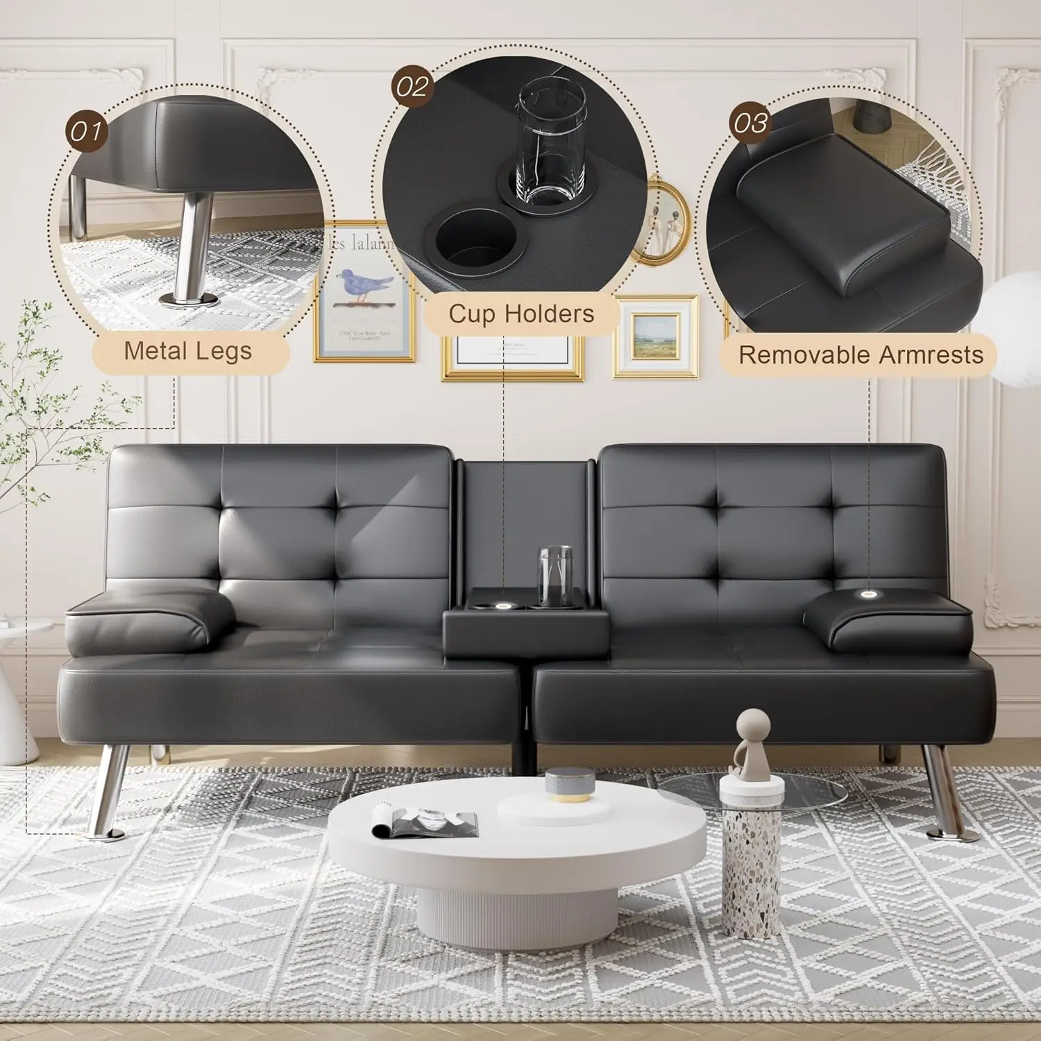 أريكة فوتون قابلة للطي قابلة للتحويل، أريكة نوم لغرفة المعيشة، مقعد منجد من الجلد الصناعي مع مساند للذراعين قابلة للإزالة، معدنية #5