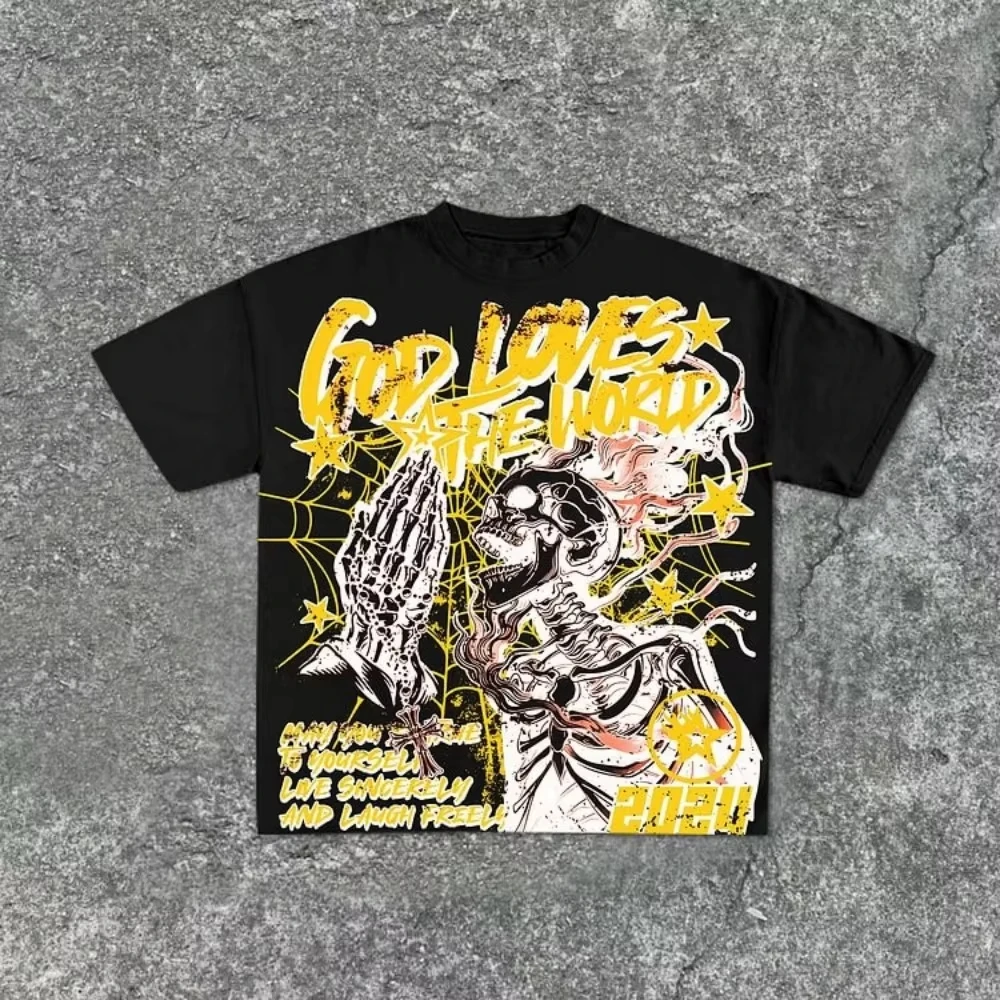 retro skull print t-Shirt men's y2K summer short-Sleeve hip-Hop oversized t-Shirt party women's casual t-Shirt