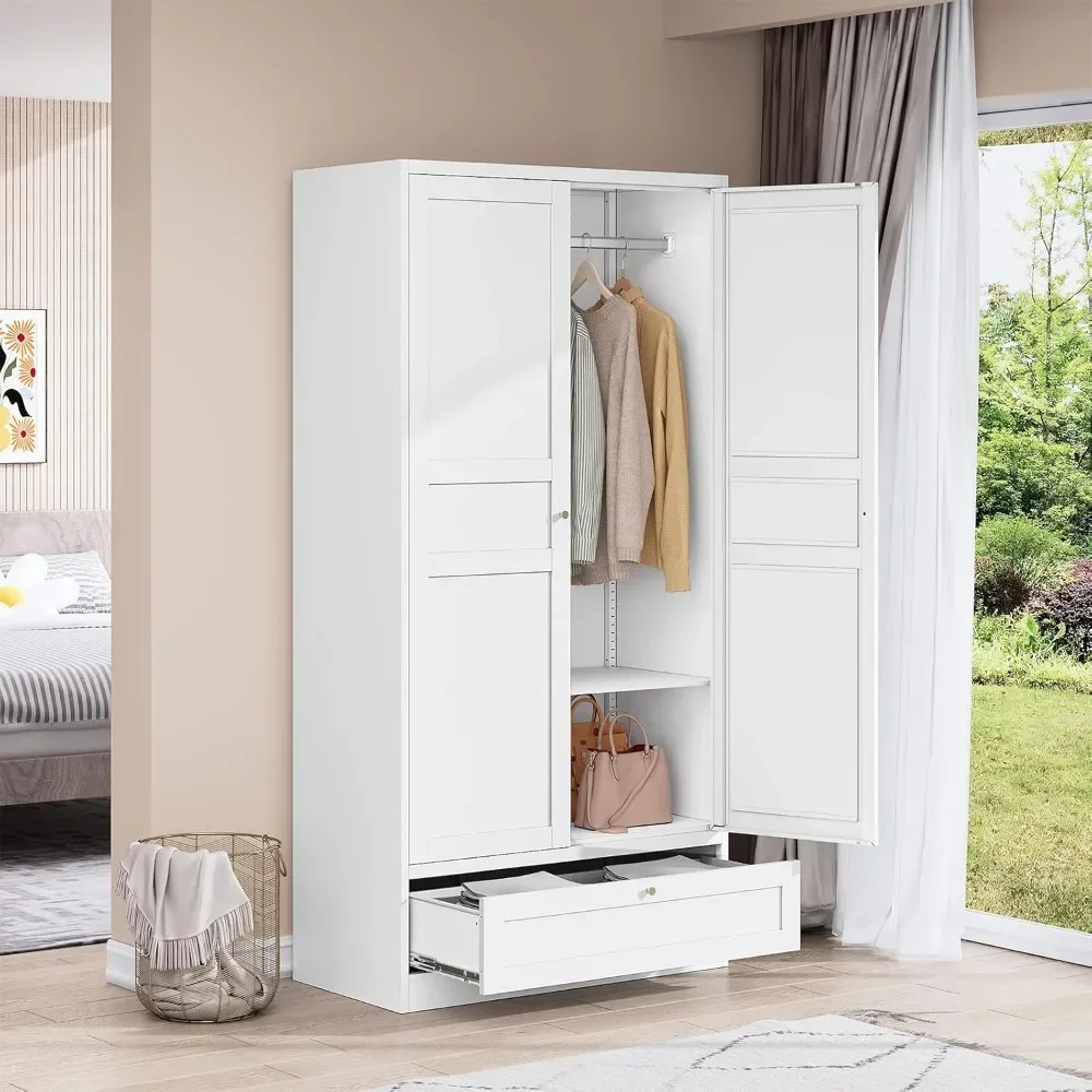 Metal Wardrobe Closet Cabinet,White Armoire Wardrobe Closets Storage Cabinets with Drawer,Metal Storage Cabinet