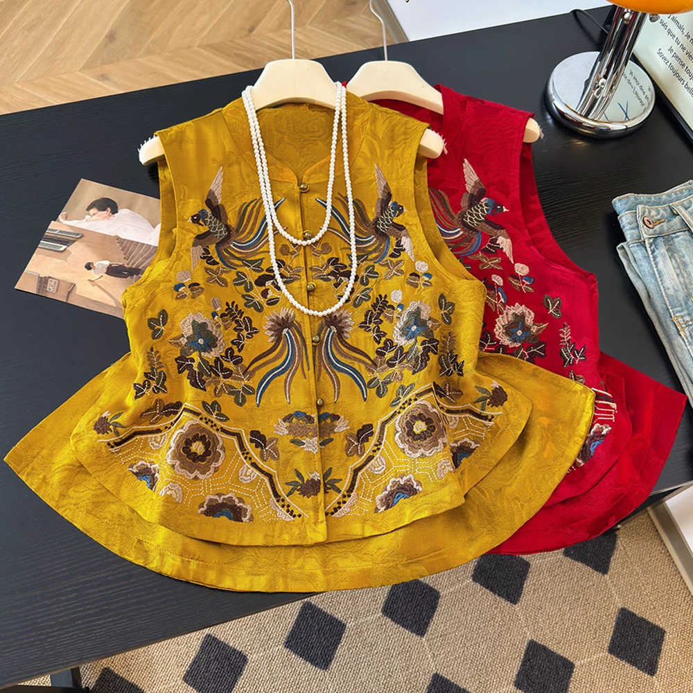 New 2026 Chinese Style Heavy Work Phoenix Flower Embroidery Silk Texture Women's Vest Elegant Quality Outerwear Poly Fiber