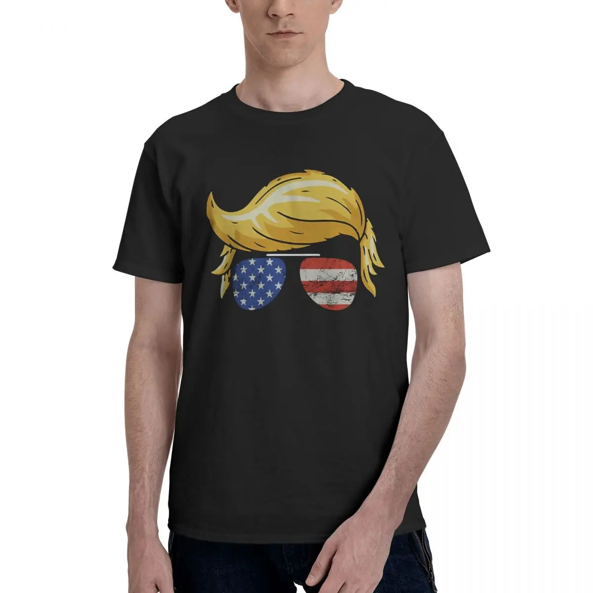 

Novelty Men's T-shirt Trump Hair MAGA S Black Round Neck Cotton Trump-p short sleeve Man Tee Shirt