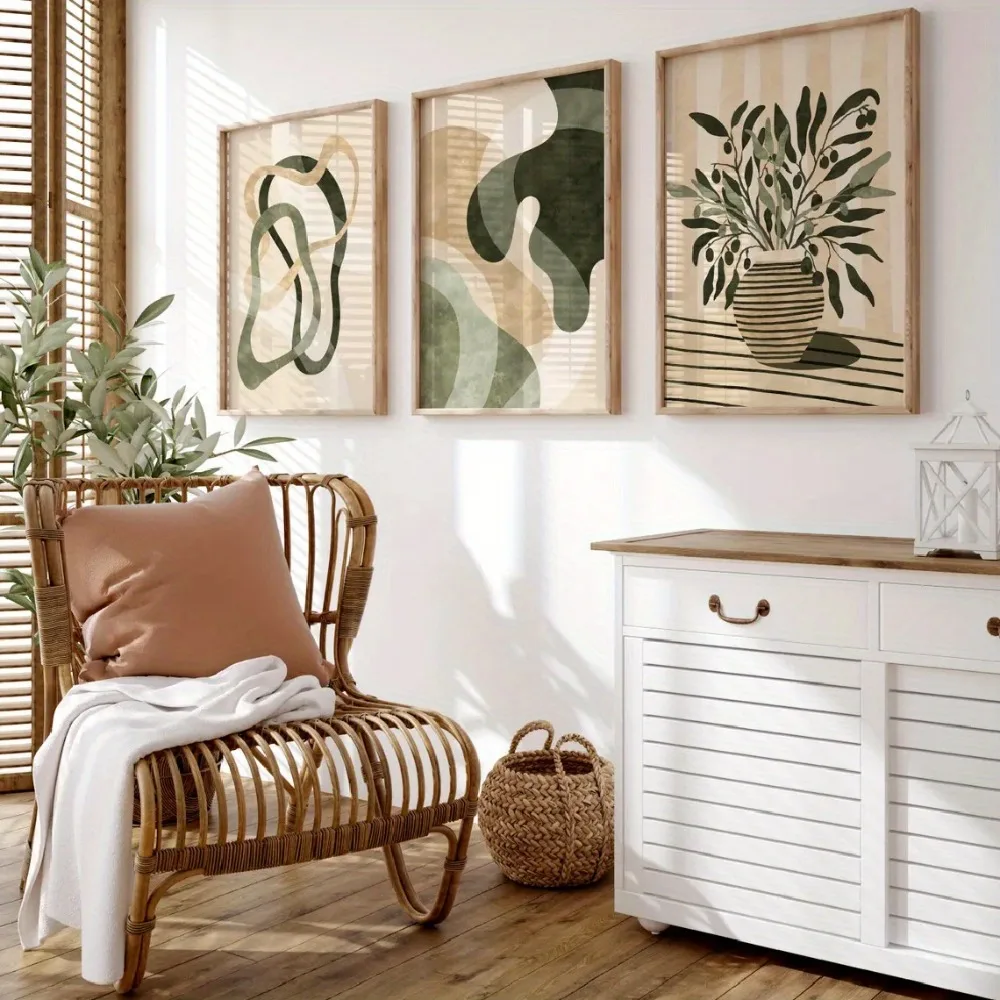 3pcs frameless Canvas Painting 3pcs Frameless,Retro Poster,Modern Green and Beige Plant Printing,Abstract Minimalist Olive Leaf