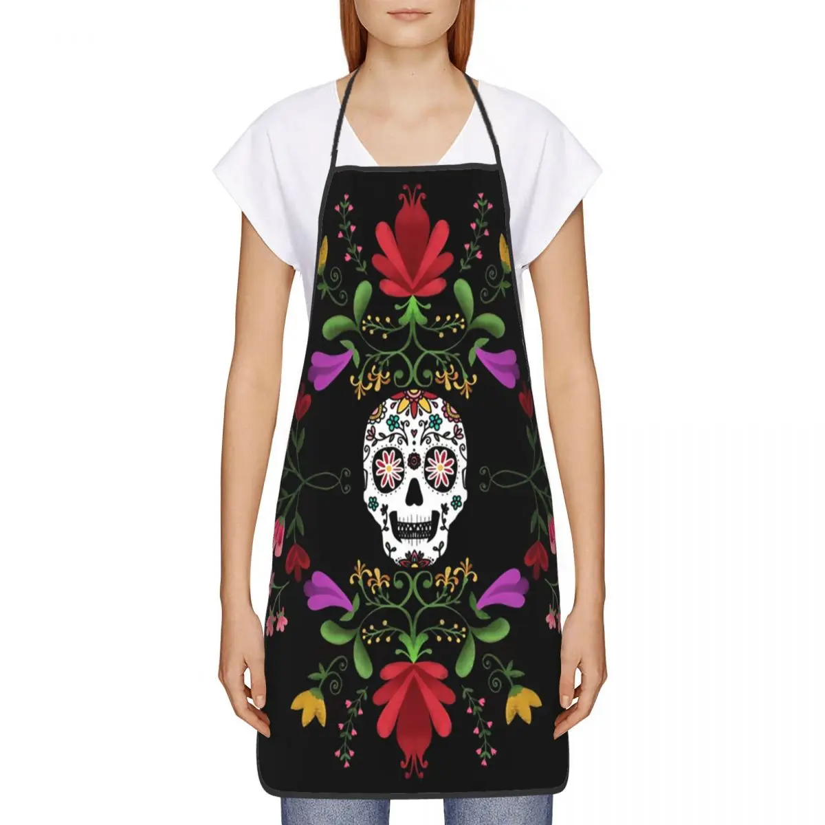 Custom Bib Sugar Skull And Flowers Apron for Men Women Adult Chef Cooking Kitchen Day Of The Dead Tablier Cuisine Painting