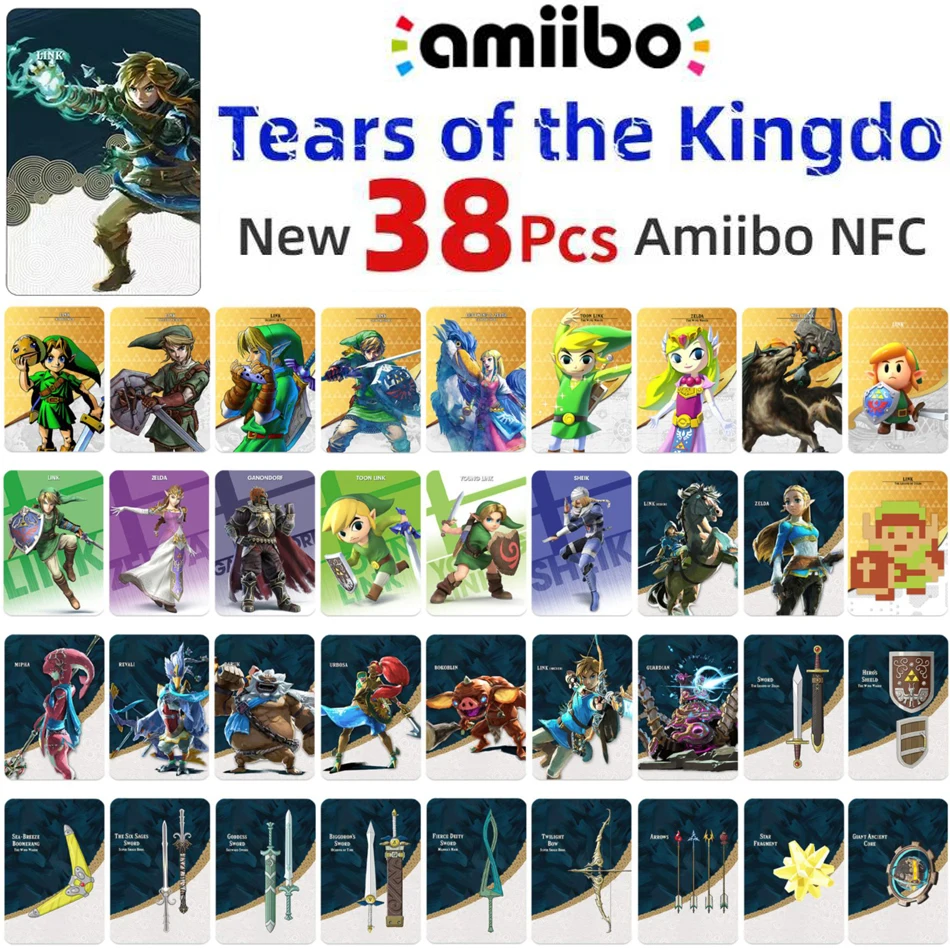 38pcs Zelda Amiibo The Legend of Zelda:Tears of The Kingdo Zelda Ghost God Sword Equipment Crossover Card Switch NFC Game Chip