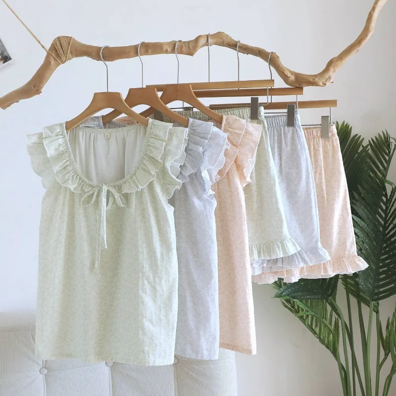 

2026 New Summer Women's Pajama Set 100% Cotton Gauze Lace Butterfly Knot Broken Flower Vest+Shorts Two Piece Home Clothes