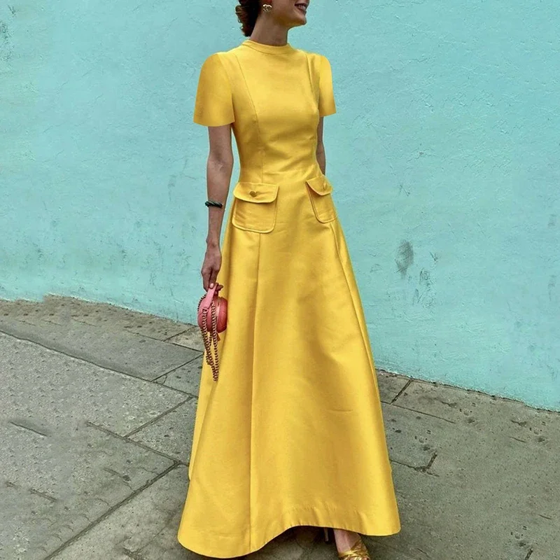 

Beautyblue Robe Women's Yellow Dress Solid Color Round-Neck Split-Joint A-line Elegant Evening Dresses Female Halloween Clothes