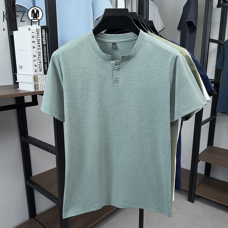Sweat resistant plain henley short sleeve tee for men two button collar elastic knit commuting walking daily apparel