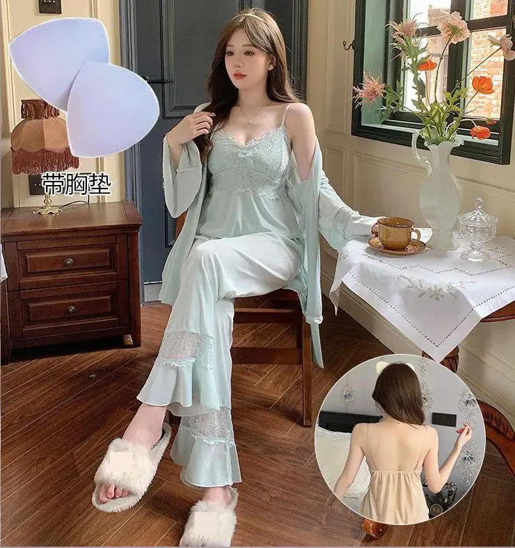 Three Pieces Velour Lace Pyjamas Sleep Set Autumn Winter Velvet Pajamas Suit Lingerie Women Sleepwear Nightsuits Home Clothes