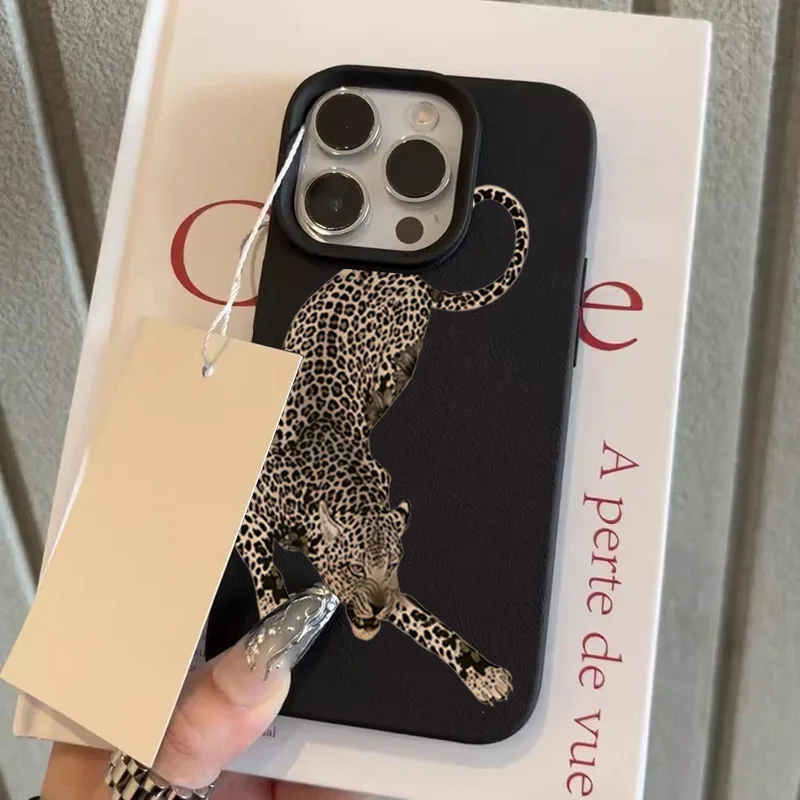 Coque de téléphone souple noire au design léopard, texture litchi, pour iPhone 17, 16, 15, 14, 11 Pro Max, 14, 15 Plus, 13, 12, 17 Air, X, XS, XR