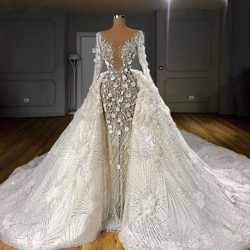 Customized Two Pieces Wedding Dress Long Sleeves Pearls Bridal Gowns Flowers Sequined Long Train Robe De Mariee