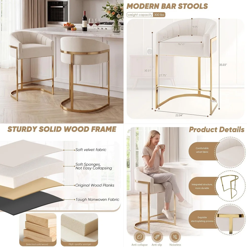 

Height Bar Stools Set of 2, Modern 27 H Barrel Counter Stools with Shell Back, Gold Velvet Bar Stools for Kitchen Island, Comfo