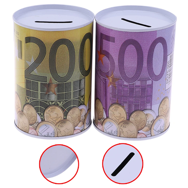 1PC Random Color Tinplate Euro Dollar Money Box Safe Cylinder Piggy Bank Banks For Coins Deposit Boxes 11*7.5cm