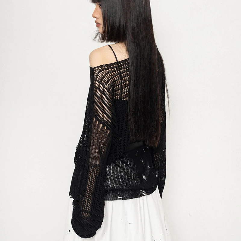 黒ニット中空アウトプルオーバー女性ブロークンホールセクシーなシースルーストラップレスセーター長袖ルーズ怠惰なストリートトップ