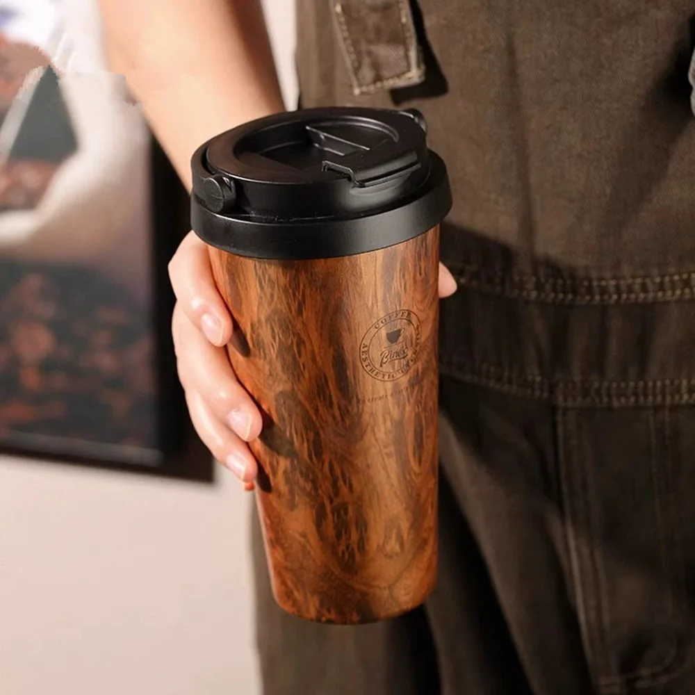 Wood Grain Coffee Mug Thermal Cup Stainless Steel Liner Vacuum Flask Leak-Proof Car Thermal Bottle Travel Tumbler