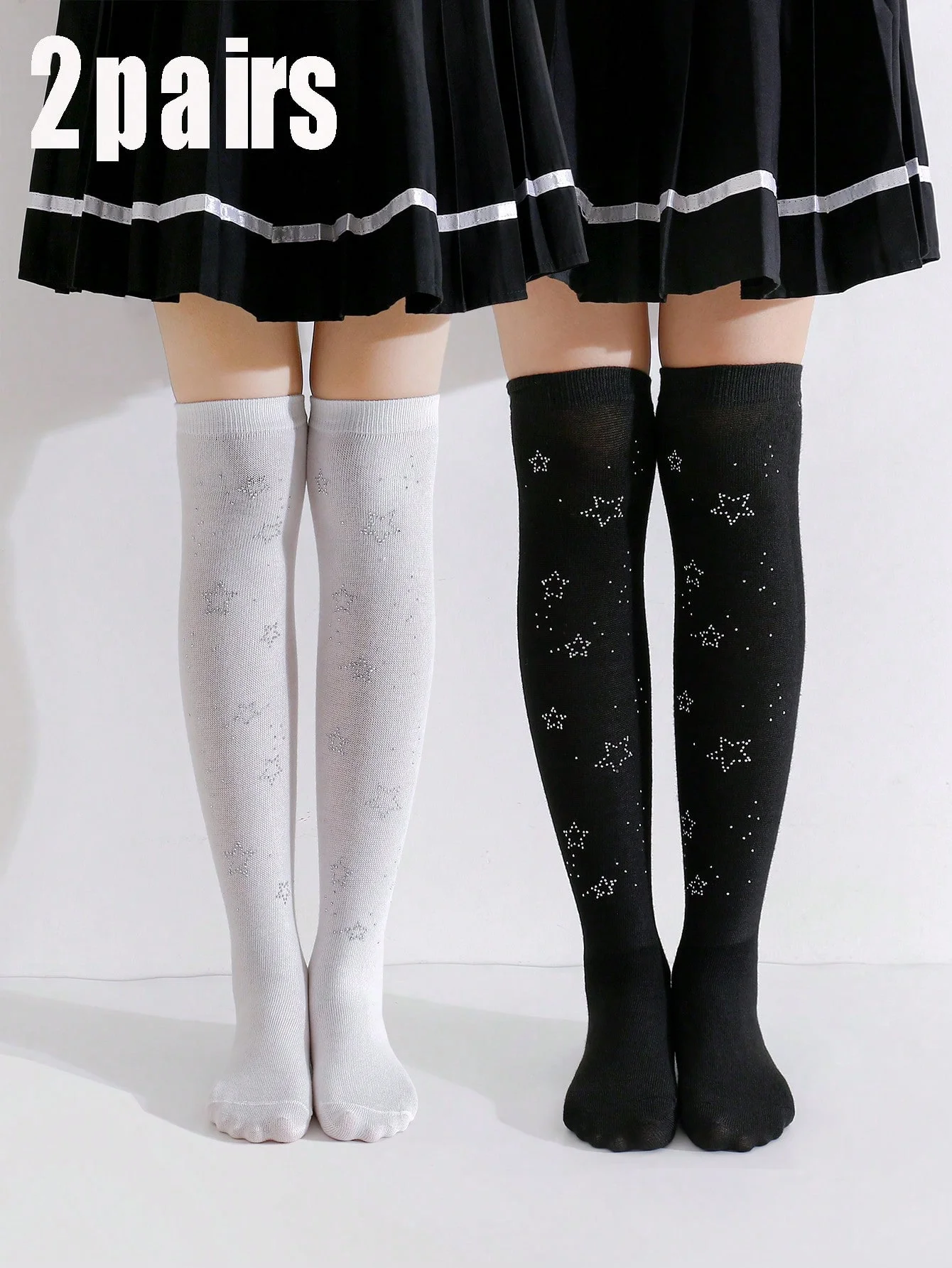 2 Pairs of Girl's Plain Black and White Studded Diamond Star Long Stockings, Straight-Leg Stockings Suitable for Girls' Daily Wear