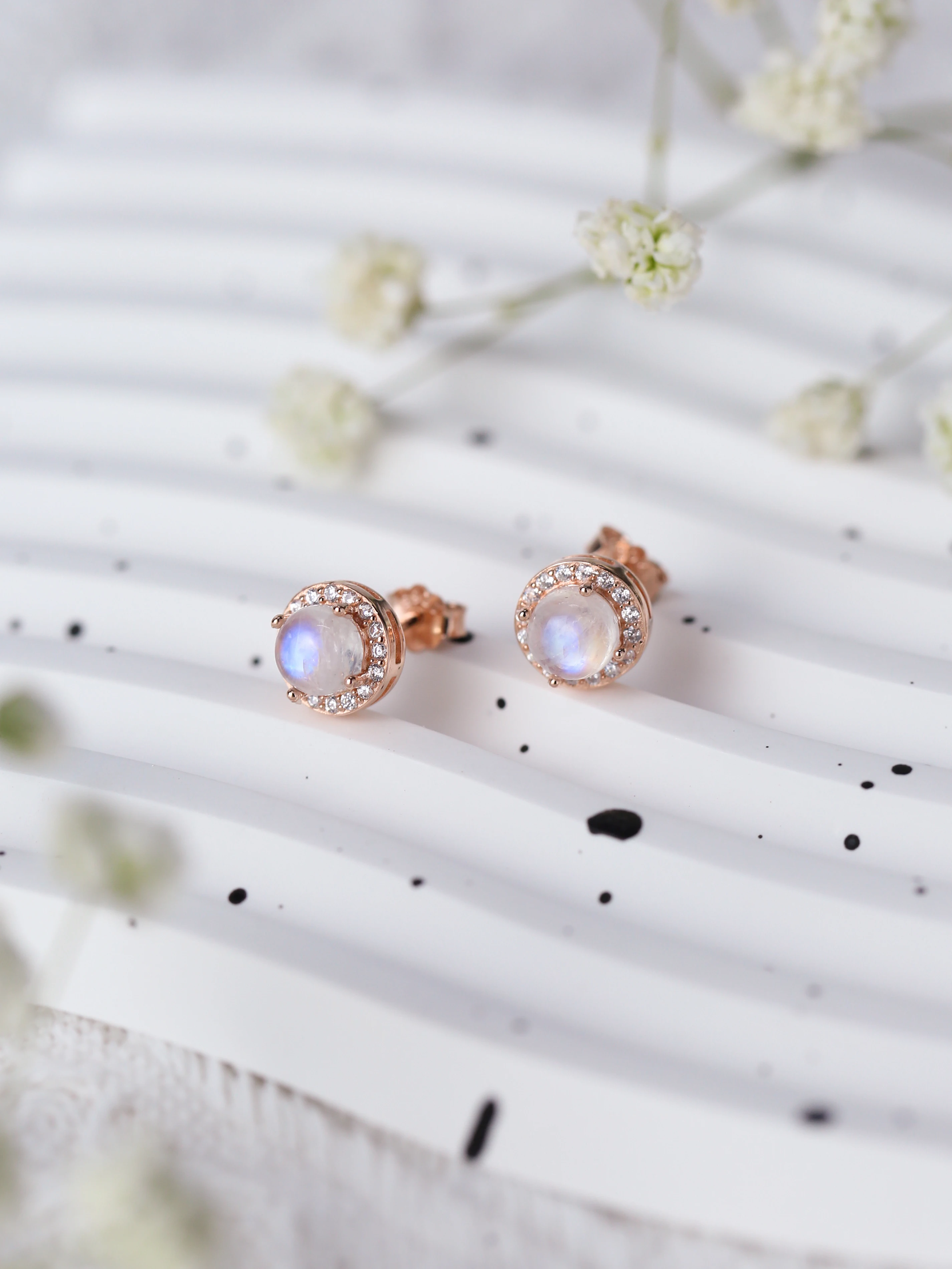 S925 Silver Blue Moonlight Stone Electroplated Rose Gold and Platinum Earrings Simplified Earrings