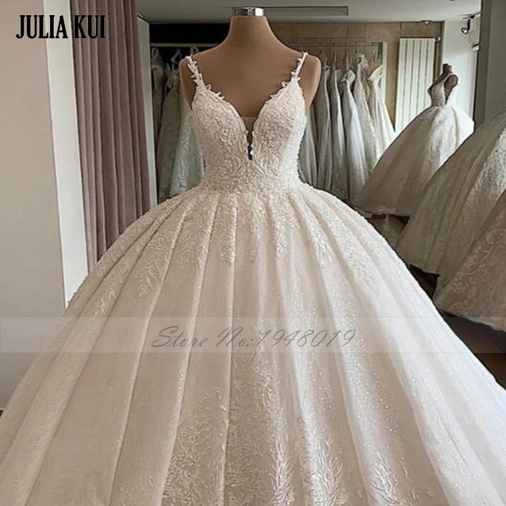 Julia Kui Luxuries Spaghetti Strap Ball Gown Wedding Dresses Princess Court Train Corset Back Closure