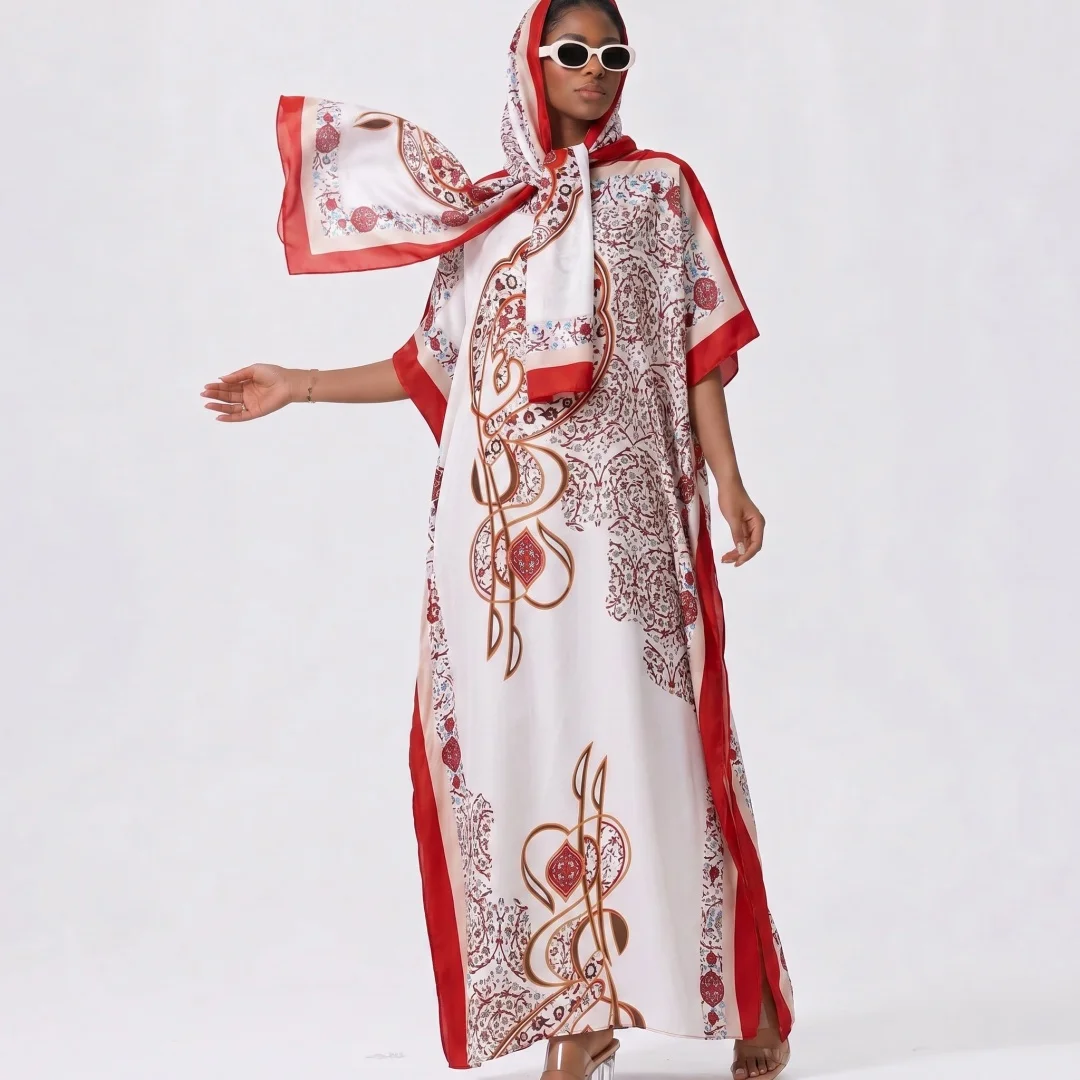 Luxury Gulf Women Printed Abaya Set Grey Ginkgo Floral Pattern Oversized Short Sleeve Maxi Robe Eid Party Matching Hijab Scarf