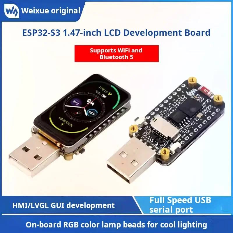 waveshare ESP32-S3 1.47-inch LCD display development board with WIFI and Bluetooth, featuring RGB colored LED beads