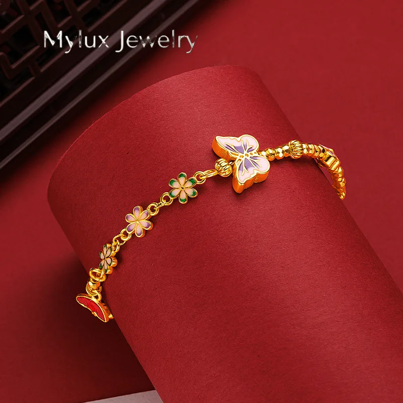 Mylux Jewelry 9999 24K genuine gold design with a fiery blue butterfly flower, light luxury and sparkling bouncing Di bead butte