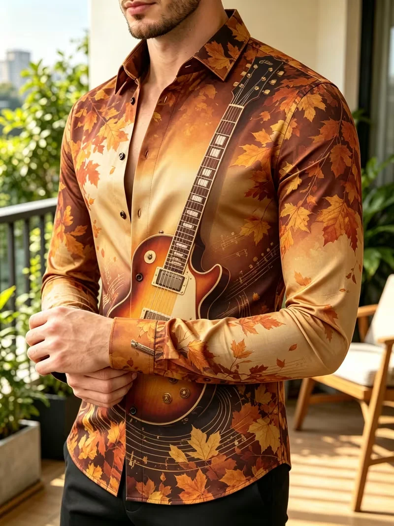 New men's contrasting color spliced floral long sleeved shirt with a hanging collar and slim fit men's top
