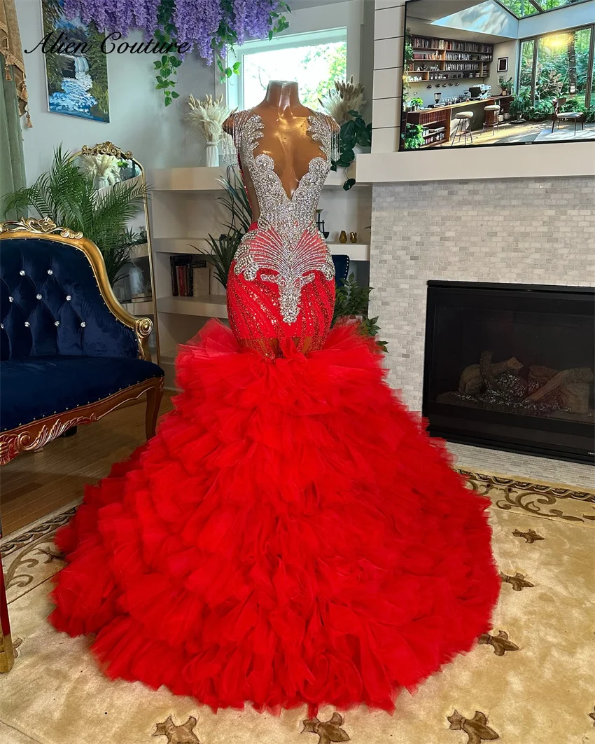 

Red Long Prom Dress For Black Girls 2025 Crystal Gems Rhinestones Gown Birthday Party Gowns Robe Customized