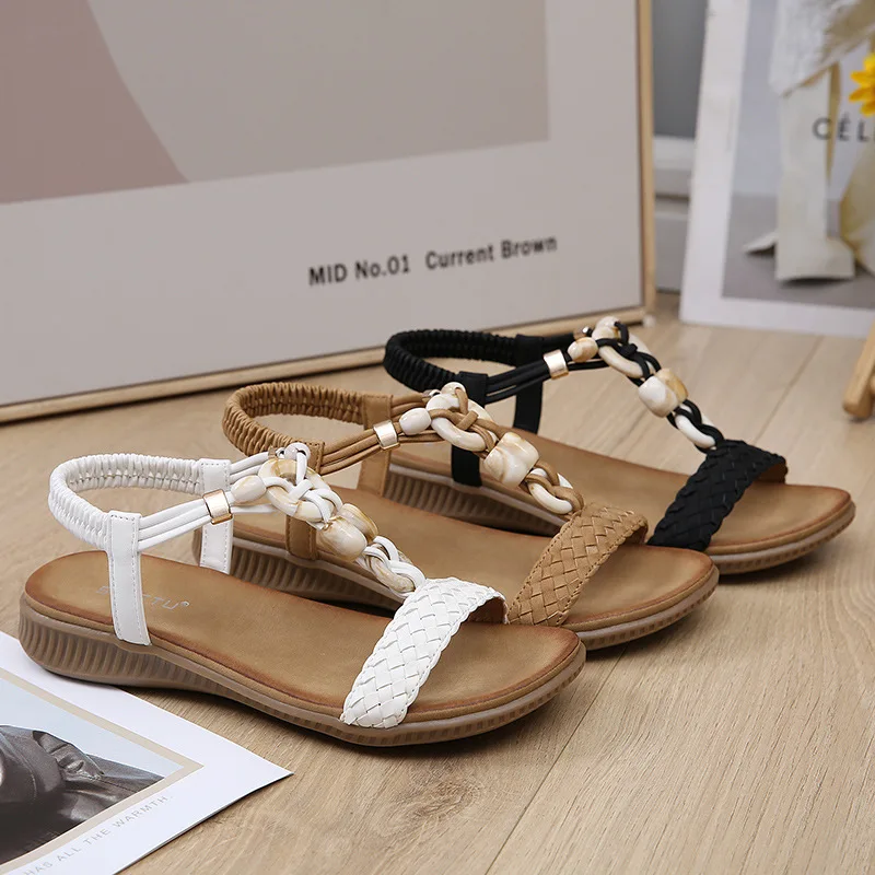 SIKETU Brand Retro Bohe Flat Sandals Women Knit Elastic Ankle Strap Leisure Beads Shoes Beach Rome Anti-slide White Casual Work