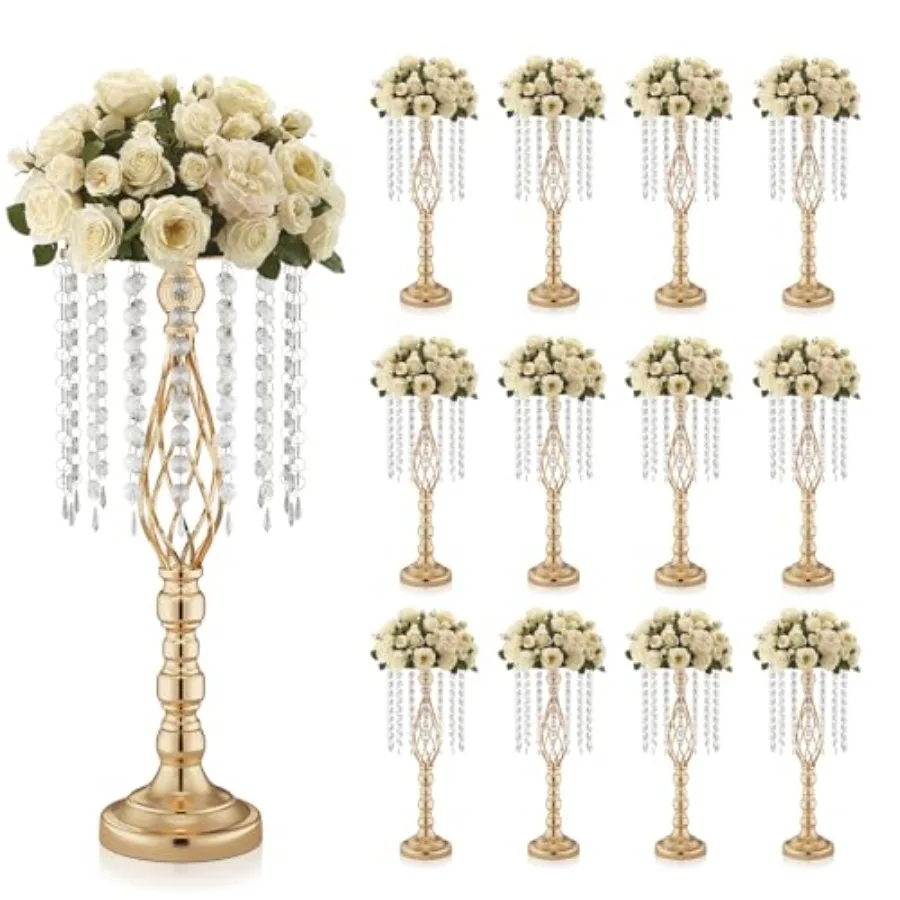12 Pcs 21.7 Inch Tall Gold Metal Flower Vases for Wedding Reception Centerpieces with Crystal Fringe Elegant Gold Finish for Ta
