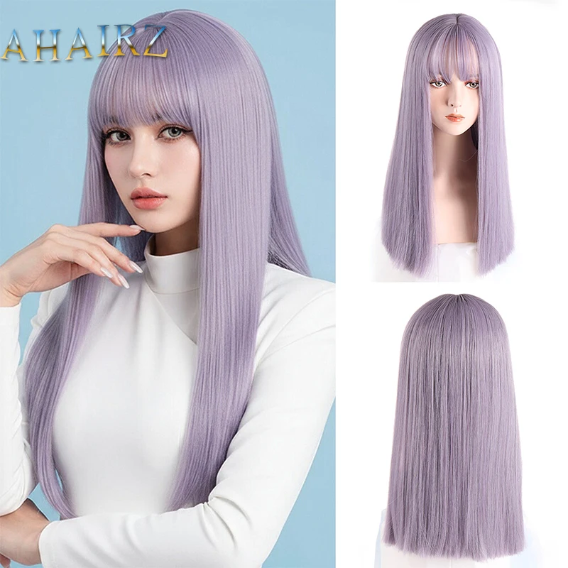 

Длинный прямой фиолетовый синтетический парик с челкой для женщин, косплей, повседневные вечерние накладные волосы, термостойкие