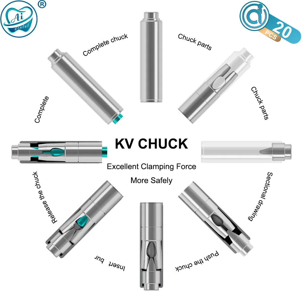 20 PCS AI-S-KV Dental KV Type Push Chuck Dentist Middle Shaft Spare Parts for High Speed Air Turbine Handpiece Cartridge