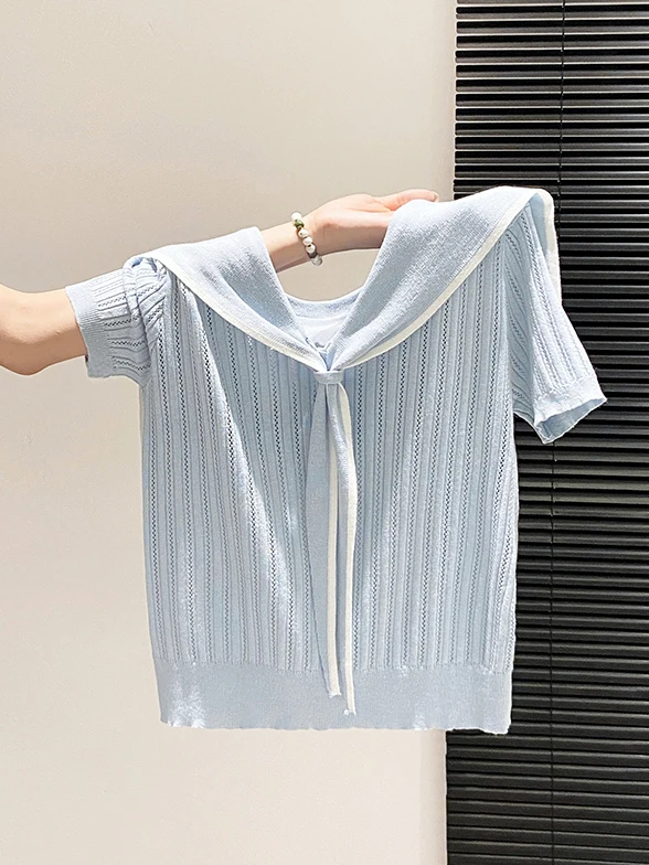 Women's Navy Collar Short Sleeve Knitted Top Breathable Hollow out Design Summer Fashion College Style Pullover Korean Version