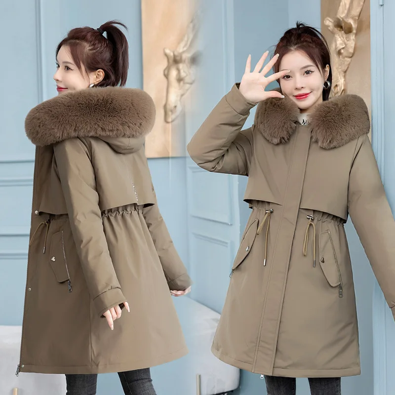 2025 Women Parkas Winter Jacket Hooded Faux Fur Long Thick Wool Liner Hooded Coat Warm Snow Wear Cotton Padded Jacket Outerwear