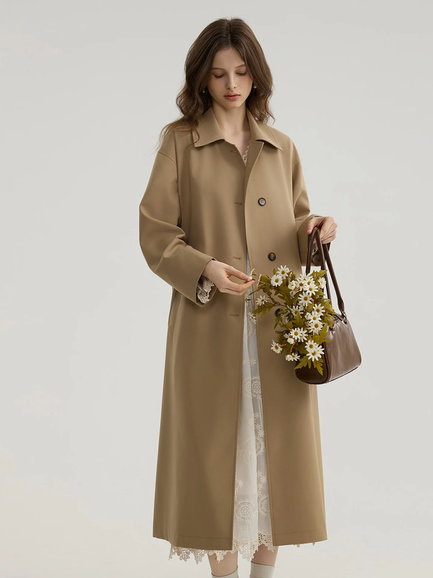 

Классическое женское пальто цвета хаки LiuPiaoPiao Briti Sle, свободный крой, длинное све, средней длины, на одной пуговице, чистый цвет