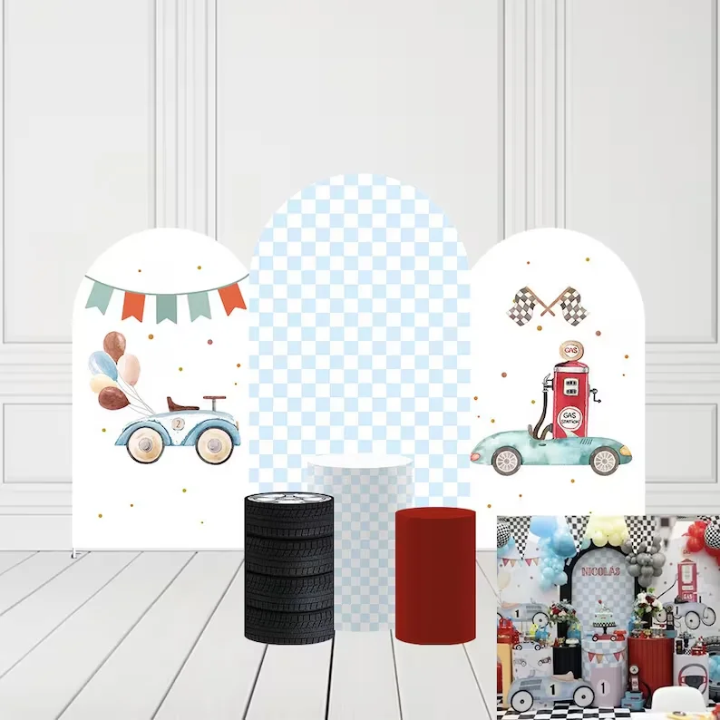 

Mehofond Arch Backdrop Covers for Racing Car Boy Birthday Party Pedestal Cylinder Kids Baby Shower Blue Checkered Decor Elastic