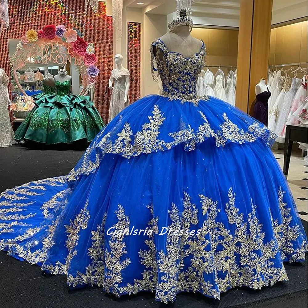 Robe de soirée en dentelle, 15 pièces, bleu Royal, épaules dénudées, avec des perles, avec des Appliques à plusieurs niveaux, Corset, pour filles