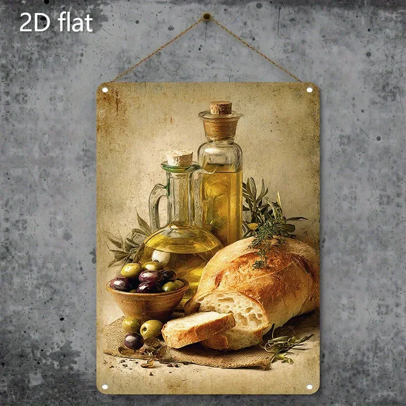 （2D Tin painting）1 pieza de cartel metálico vintage con diseño de aceite de oliva, pan y aceitunas - Decoración rústica para