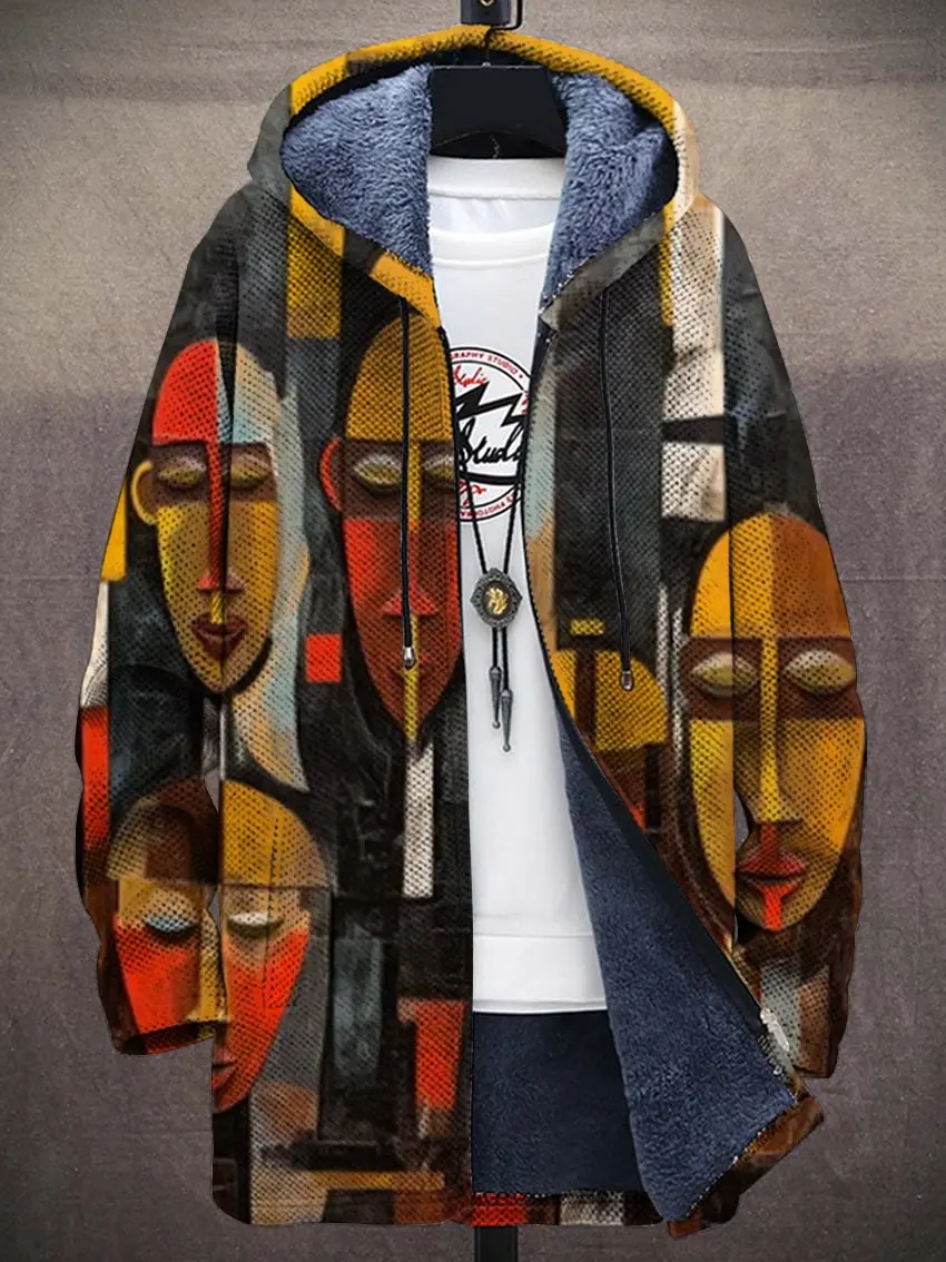 Tribal African Style Pattern Unisex Plush Thick Long-Sleeved Sweater Cardigan Coat Men's Thick Warm Jacket