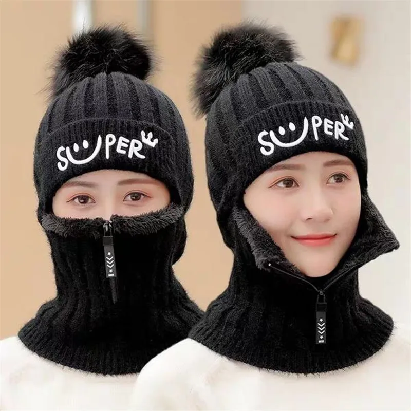 Warm beanie cap Winter adult women casual knitted hat Neck warmer Mask balaclava with zipper Cycling skullies ski skullcap