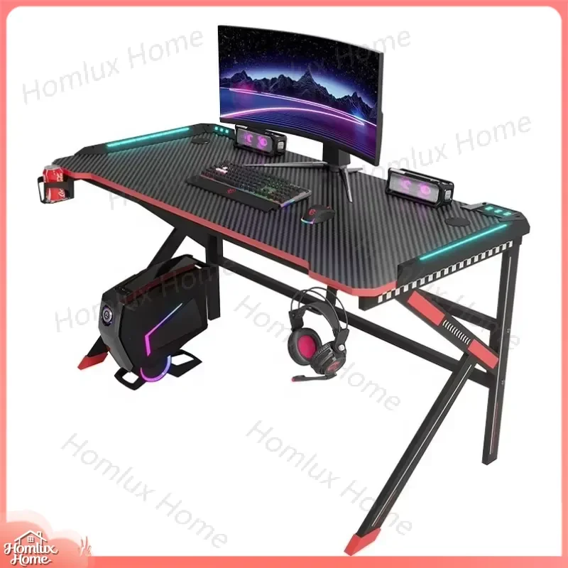Adjustable Standing Desk with Wooden Top RGB LED Lighting Gaming Desk Set Metal Frame Laptop Desk with Racing Chair
