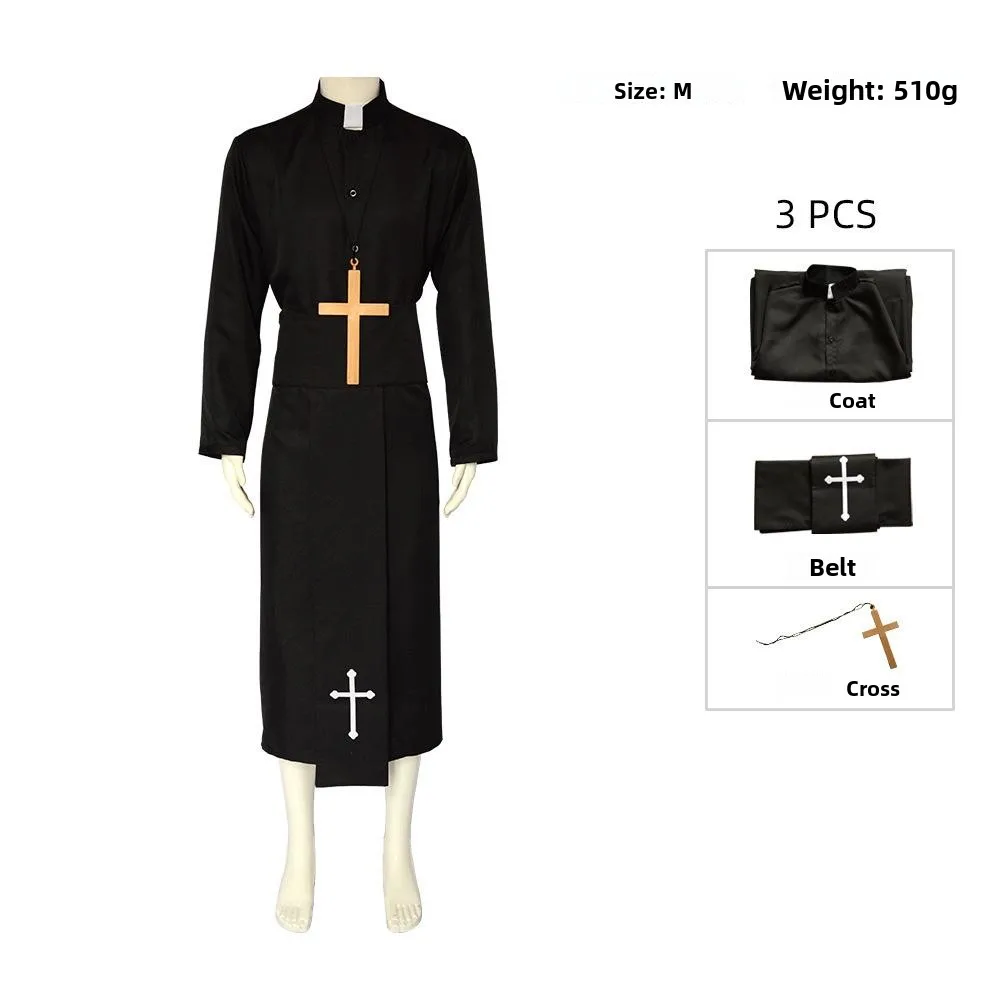 

Halloween Priest Costume Father Print Waist Belt Cross Godfather Cosplay Robe Stage Performance Traditional Chinese Ethnic Wo...