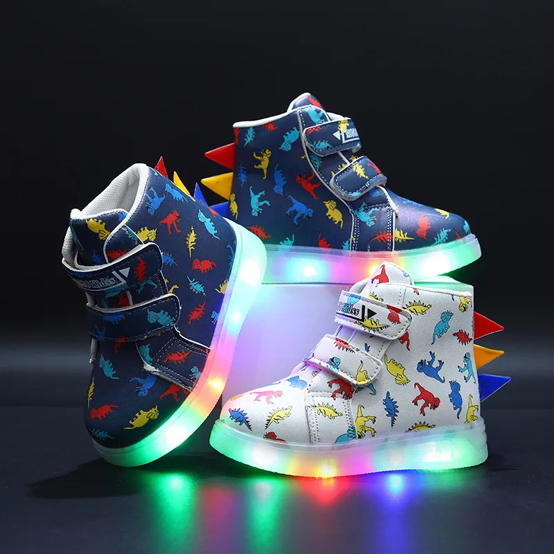 

2025 New LED Lighted Children's High Top Sneakers PU Kids Shoes Fashion Dinosaur Cartoon Girls Boys Casual Shoes Luminous Boots