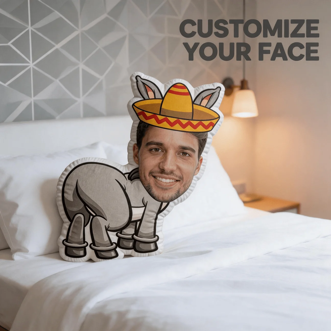 Custom Funny Face-Shaped Pillow, Personalized Photo Donkey Body with Sombrero Hat Decorative Cushion, Novelty Home Decor Accent